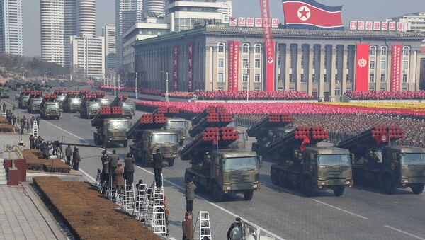 Military vehicles are seen at a grand military parade celebrating the 70th founding anniversary of the Korean People's Army at the Kim Il Sung Square in Pyongyang, in this photo released by North Korea's Korean Central News Agency (KCNA) February 9, 2018. - Sputnik Afrique