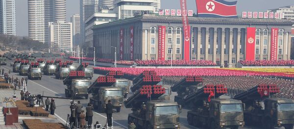 Military vehicles are seen at a grand military parade celebrating the 70th founding anniversary of the Korean People's Army at the Kim Il Sung Square in Pyongyang, in this photo released by North Korea's Korean Central News Agency (KCNA) February 9, 2018. - Sputnik Afrique