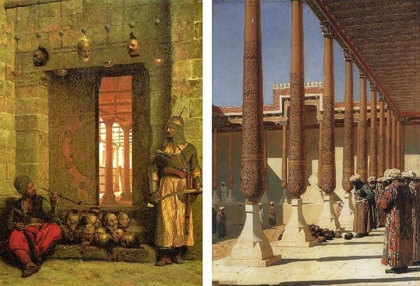 La Porte de la mosquée El-Hassanein au Caire par Jean Léon Gérôme (à gauche) et l'Affichage des trophées par Vassili Verechtchaguine (à droite) - Sputnik Afrique
