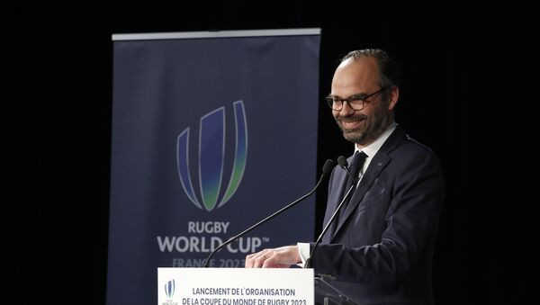 French Prime Minister Edouard Philippe kicks off France's plans to host the 2023 Rugby World Cup, by signing the founding charter of the public body that will organize the championship, at the Stade de France stadium in St Denis, north of Paris, Saturday, March 10, 2018. - Sputnik Afrique