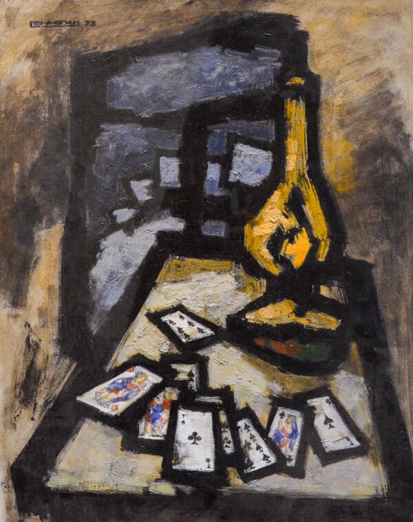  Soirée d'hiver soviétique, lampe à pétrole et jeu de cartes, 1973, huile sur carton, 43 x 34 cm - Sputnik Afrique