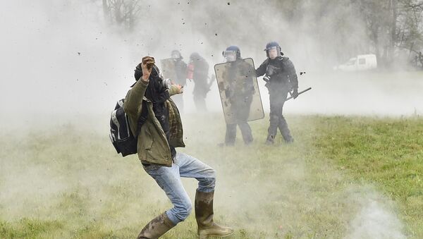 A protester hurls stone toward riot forces on April 10, 2018 on the second day of a police operation to raze the decade-old camp known as ZAD (Zone a Defendre - Zone to defend) at Notre-Dame-des-Landes, near the western city of Nantes, and evict the last of the protesters who had refused to leave despite the government agreeing to ditch a proposed airport. - Sputnik Afrique