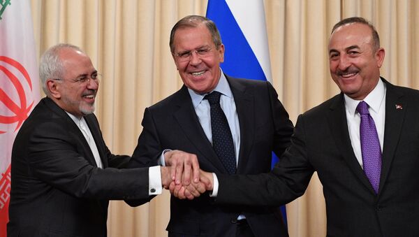 Mohammad Zarif, Sergueï Lavrov et Mevlut Cacusoglu - Sputnik Afrique