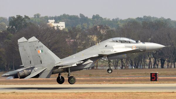 A Sukhoi Su-30MKI combat aircraft of the Indian Air Force takes off during an aerial display at Yelahanka Air Force Station on the inaugural day of the 11th edition of 'Aero India', a biennial air show and aviation exhibition, in Bangalore on February 14, 2017 - Sputnik Afrique