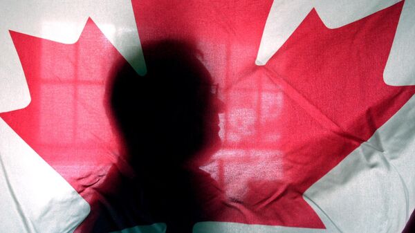 Andre Senecal, silhouetted behind a Canadian flag, Feb. 10, 2004, has been trying to get Americans to understand that Canada is more than polar bears, red-coated constables, hockey and long winters, introducing students to some of the intricacies of the European style of government. - Sputnik Afrique
