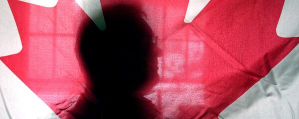 Andre Senecal, silhouetted behind a Canadian flag, Feb. 10, 2004, has been trying to get Americans to understand that Canada is more than polar bears, red-coated constables, hockey and long winters, introducing students to some of the intricacies of the European style of government. - Sputnik Afrique