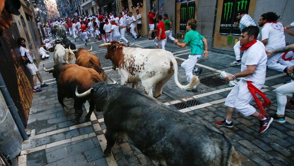Un spectacle des plus extravagants: course de taureaux aux Fêtes de San Fermin en Espagne - Sputnik Afrique