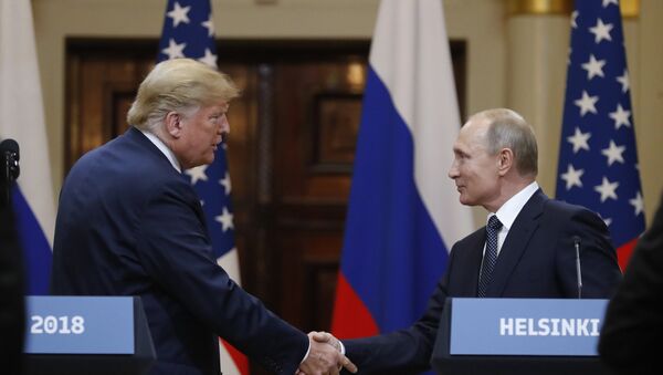 July 16, 2018. President of Russia Vladimir Putin and President of the US Donald Trump, left, during the joint news conference following their meeting in Helsinki - Sputnik Afrique