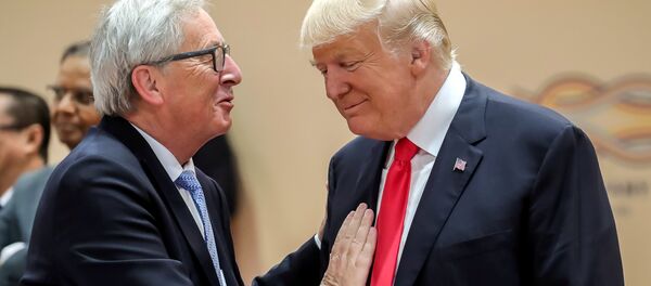 U.S. President Donald Trump, right, talks with European Commission President Jean-Claude Juncker, left, prior to a working session at the G-20 summit in Hamburg, Germany, July 8, 2017 - Sputnik Afrique