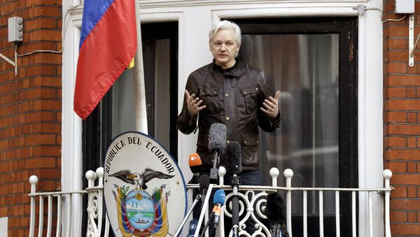 WikiLeaks founder Julian Assange gestures as he speaks on the balcony of the Ecuadorian embassy, in London, Friday May 19, 2017. - Sputnik Afrique
