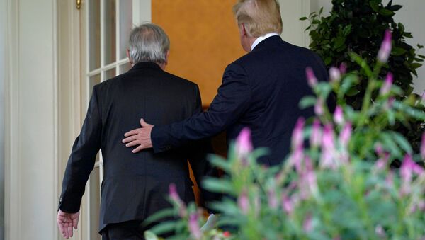 U.S. President Donald Trump and President of the European Commission Jean-Claude Juncker walk together after speaking about trade relations in the Rose Garden of the White House in Washington, U.S., July 25, 2018 - Sputnik Afrique