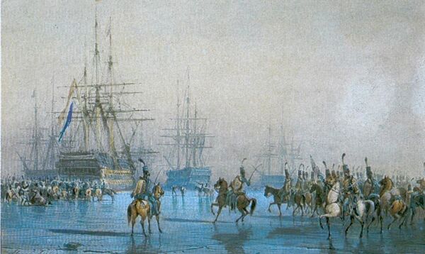 Aquarelle peinte par Léon Morel-Fatio représentant la capture de la flotte Hollandaise au Helder le 23 Janvier 1795 - Sputnik Afrique
