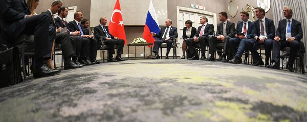 Russlands Präsident Wladimir Putin (r. in d. M.) und Präsident der Türkei Recep Tayyip Erdogan beim BRICS-Gipfel am 26. Juli 2018 - Sputnik Afrique