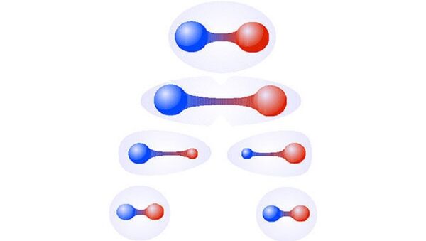 Les haltères de différentes couleurs sont des paires de quarks liés par des forces de couleur. Plus on les éloigne, plus la liaison est forte. A un moment donné elle se rompt et de nouveaux quarks apparaissent à leurs extrémités. Ces particules n'existent pas dans un état délié. - Sputnik Afrique