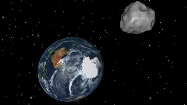 This image provided by NASA/JPL-Caltech shows a simulation of asteroid 2012 DA14 approaching from the south as it passes through the Earth-moon system on Friday, Feb. 15, 2013 - Sputnik Afrique