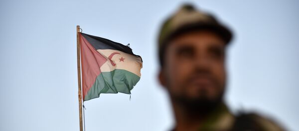 Uniformed soldiers of the pro-independence Polisario Front stand before a Sahrawi flag flying at the Boujdour refugee camp near the town of Tindouf in Western Algeria on October 17, 2017. - Sputnik Afrique