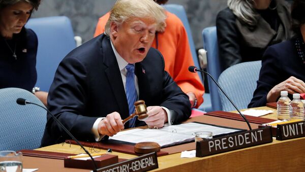 U.S. President Donald Trump, representing the United States as current President of the United Nations Security Council, bangs the gavel to open the U.N. Security Council meeting at the 73rd session of the United Nations General Assembly at U.N. headquarters in New York, U.S., September 26, 2018 - Sputnik Afrique