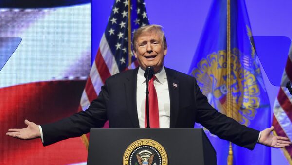 US President Donald Trump speaks at the 91st Annual Future Farmers of America Convention and Expo at Bankers Life Fieldhouse on October 27, 2018 in Indianapolis, Indiana. - Sputnik Afrique