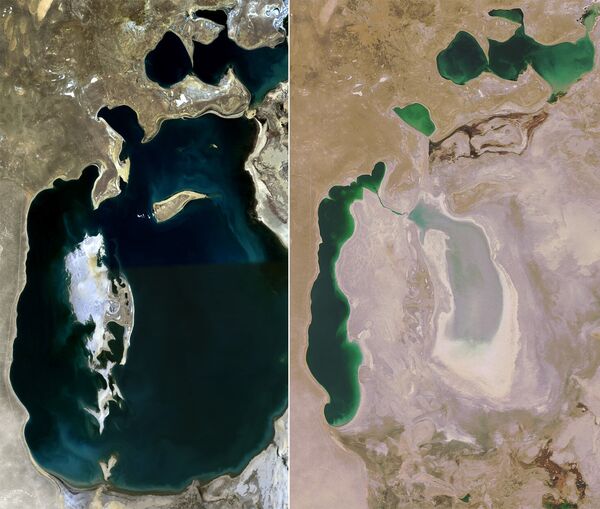 La mer d'Aral en 1989 et 2008 La mer d'Aral en 1989 et 2008 - Sputnik Afrique