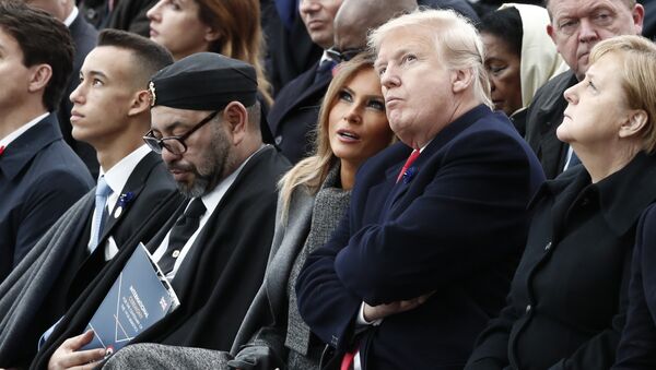 From L) Moroccan Crown Prince Hassan Moulay, Moroccan King Mohammed VI, US First Lady Melania Trump, US President Donald Trump and German Chancellor Angela Merkel attend a ceremony at the Arc de Triomphe in Paris on November 11, 2018 as part of commemorations marking the 100th anniversary of the 11 November 1918 armistice, ending World War I. - Sputnik Afrique