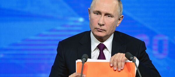 20 декабря 2018. Президент РФ Владимир Путин на четырнадцатой большой ежегодной пресс-конференции в Центре международной торговли на Красной Пресне. - Sputnik Afrique