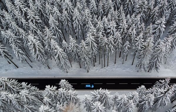 Une prise de vue aérienne d’une route dans une forêt d’hiver dans l’est de l’Allemagne - Sputnik Afrique