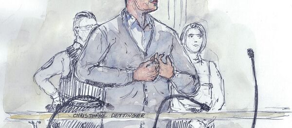 This court sketch made on February 13, 2019 shows Christophe Dettinger, a former boxer, standing during the opening hearing of his trial over the assault of a police officer during 'yellow vest' protest (gilets jaunes), at the Paris courthouse. - Sputnik Afrique