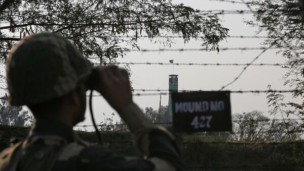 An India's Border Security Force (BSF) soldier keeps vigil during patrol along the fenced border with Pakistan in Ranbir Singh Pura sector near Jammu February 26, 2019 - Sputnik Afrique