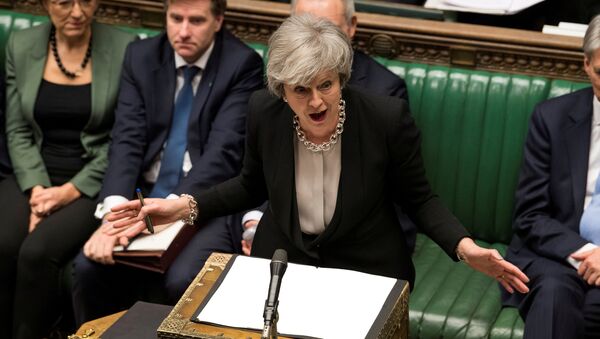 Britain's Prime Minister Theresa May speaks during a debate on her Brexit 'plan B' in Parliament, in London, Britain, January 29, 2019 - Sputnik Afrique