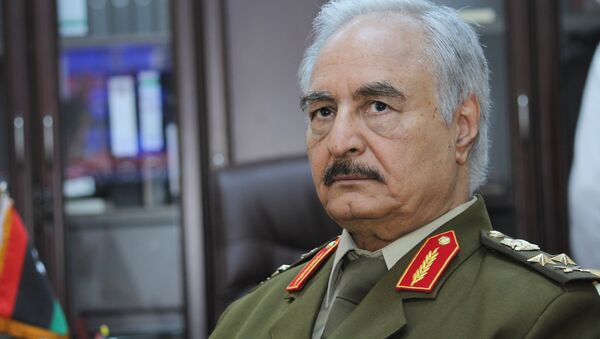In this March 18, 2015 file photo, Gen. Khalifa Haftar, then Libya's top army chief, speaks during an interview with the Associated Press in al-Marj, Libya.  - Sputnik Afrique
