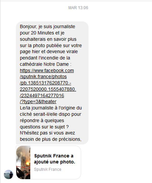 Une photo de Sputnik prise à Notre-Dame cause une avalanche internationale de fake news Une photo de Sputnik prise à Notre-Dame cause une avalanche internationale de fake news - Sputnik Afrique