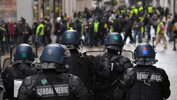 Gendarmes stand guard during a demonstration called by the 'Yellow Vests' ('Gilets Jaunes') movement in Nantes, western France, on February 2, 2019. - Sputnik Afrique