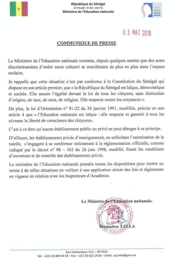 Copie du communiqué du 3 mai 2019 du ministre sénégalais de l’Éducation nationale Copie du communiqué du 3 mai 2019 du ministre sénégalais de l’Éducation nationale - Sputnik Afrique
