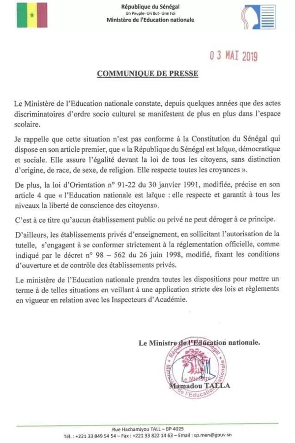 Copie du communiqué du 3 mai 2019 du ministre sénégalais de l’Éducation nationale Copie du communiqué du 3 mai 2019 du ministre sénégalais de l’Éducation nationale - Sputnik Afrique