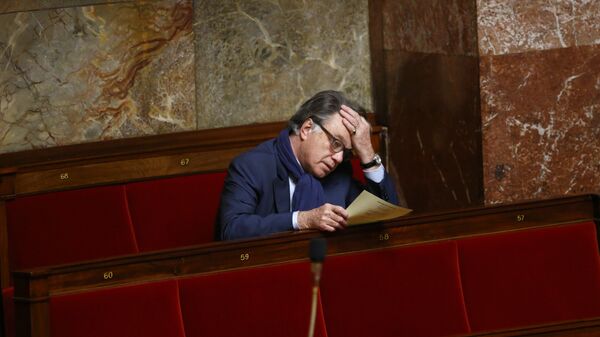 French lawyer Gilbert Collard, deputy of extreme right party National Front reacts to speeches in the lower house of Parliament in Paris, France, Friday, Feb. 5, 2016. French Prime Minister Manuel Valls is appealing to legislators to approve a divisive bill, prompted by last year's attacks on Paris, that would revoke the citizenship of convicted terrorists with dual nationality.  - Sputnik Afrique