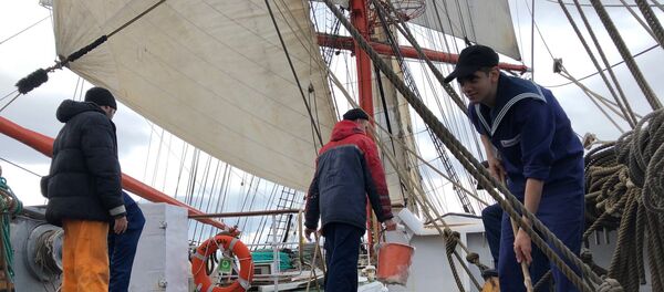 Les mousses lors du grand nettoyage du pont du Sedov avant l’entrée dans le port de Bordeaux - Sputnik Afrique