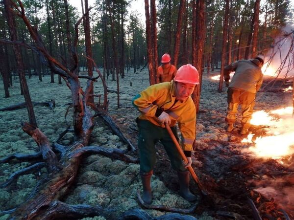 Employés du ministère iakoute de la Protection de l’environnement en train d’éteindre les feux de forêt en Iakoutie - Sputnik Afrique