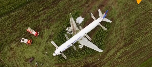 Le lieu où l'Airbus A321 a atterri dans la région de Moscou, filmé par un drone - Sputnik Afrique