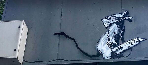 A handout pictured released by Pompidou Centre on September 4, 2019 shows an artwork depicting a masked rat by British street-artist Banksy on the back of a parking sign in Paris. - A stencilled work by the elusive British street artist Banksy has been stolen from outside the Pompidou Centre in Paris, the modern art museum announced on September 4, 2019. - Sputnik Afrique