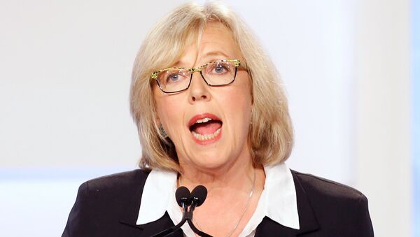 Canada's Green Party leader Elizabeth May speaks during the Maclean's National Leaders debate in Toronto,  August 6, 2015.  Canadians are set to go to the polls on October 19, 2015.  - Sputnik Afrique