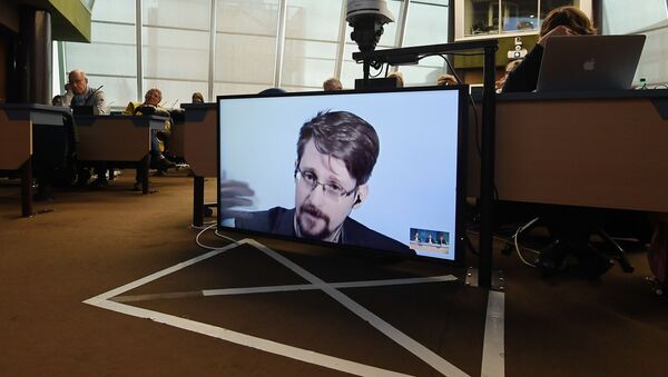 Former US National Security Agency (NSA) contractor and whistle blower Edward Snowden speaks via video link from Russia as he takes part in a round table meeting on the subject of Improving the protection of whistleblowers on March 15, 2019, at the Council of Europe in Strasbourg, eastern France - Sputnik Afrique