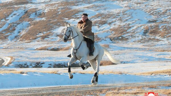 North Korean leader Kim Jong Un rides a horse during snowfall in Mount Paektu - Sputnik Afrique