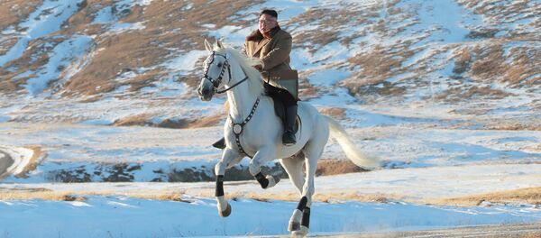 North Korean leader Kim Jong Un rides a horse during snowfall in Mount Paektu - Sputnik Afrique