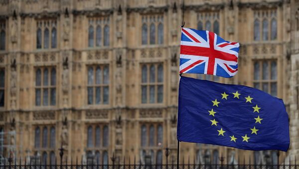 In this file photo taken on January 23, 2019 an anti-Brexit activist waves a Union and a European Union flag as they demonstrate outside the Houses of Parliament in central London - Sputnik Afrique