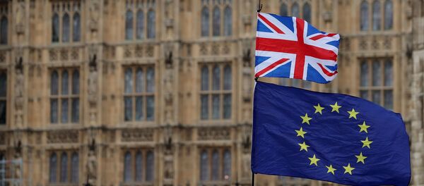 In this file photo taken on January 23, 2019 an anti-Brexit activist waves a Union and a European Union flag as they demonstrate outside the Houses of Parliament in central London In this file photo taken on January 23, 2019 an anti-Brexit activist waves a Union and a European Union flag as they demonstrate outside the Houses of Parliament in central London - Sputnik Afrique