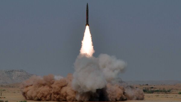 In this hand out picture released by the Inter Services Public Relations (ISPR) on May 8, 2010, a Hatf IV (Shaheen 1) medium-range nuclear-capable ballistic missile is launched from an undisclosed location in Pakistan - Sputnik Afrique