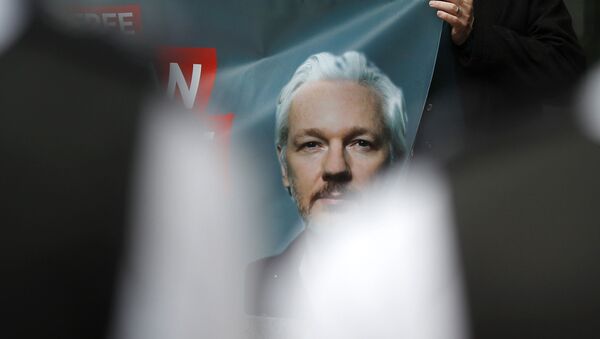 Unterstützer mit dem Bild des Wikileaks-Gründers Julian Assange in London (Archiv) - Sputnik Afrique