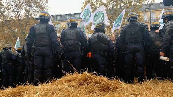 Agriculteurs sur les Champs-Élysées: les manifestants tentent de bloquer l'avenue avec de la paille, 27 novembre 2019 - Sputnik Afrique