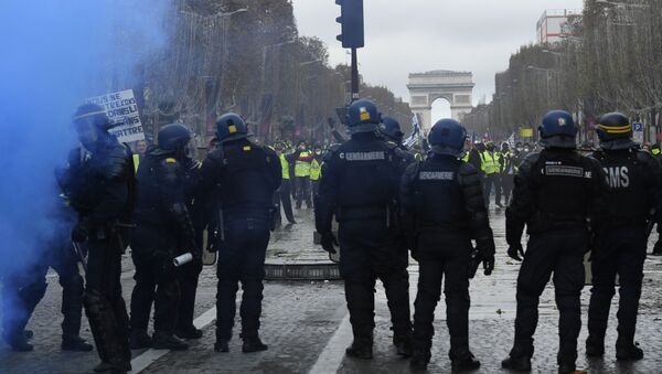 Les forces de l’ordres face à des Gilets jaunes sur les Champs-Élysées le 24 novembre 2018 - Sputnik Afrique