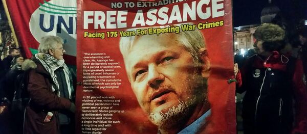 Deux femmes à une manifestation anti-OTAN pour dénoncer le traitement du fondateur de WikiLeaks, Julian Assange - Sputnik Afrique